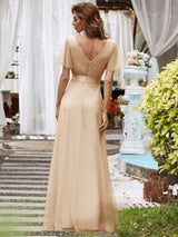 ever MISTE|Double V-Neck Floor-Length Short Sleeve Tulle Bridesmaid Dresses