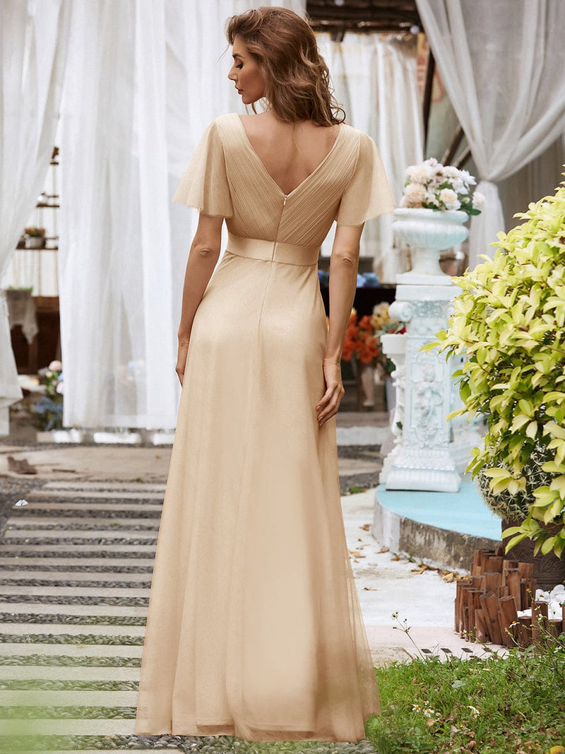 ever MISTE|Double V-Neck Floor-Length Short Sleeve Tulle Bridesmaid Dresses