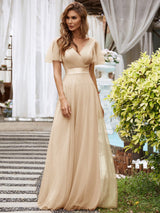 ever MISTE|Double V-Neck Floor-Length Short Sleeve Tulle Bridesmaid Dresses