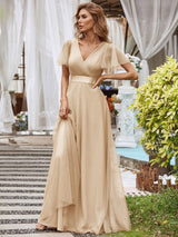 ever MISTE|Double V-Neck Floor-Length Short Sleeve Tulle Bridesmaid Dresses