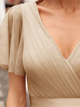 ever MISTE|Double V-Neck Floor-Length Short Sleeve Tulle Bridesmaid Dresses