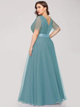 ever MISTE|Double V-Neck Floor-Length Short Sleeve Tulle Bridesmaid Dresses