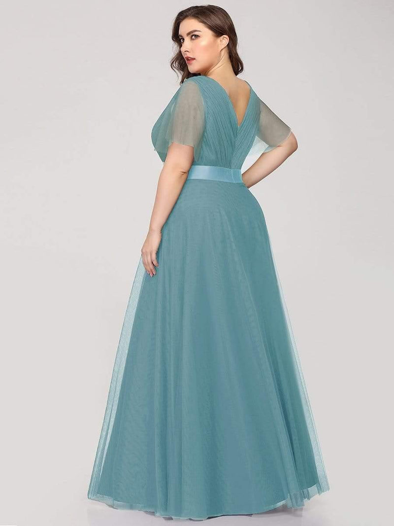 ever MISTE|Double V-Neck Floor-Length Short Sleeve Tulle Bridesmaid Dresses
