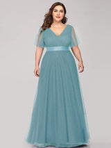 ever MISTE|Double V-Neck Floor-Length Short Sleeve Tulle Bridesmaid Dresses