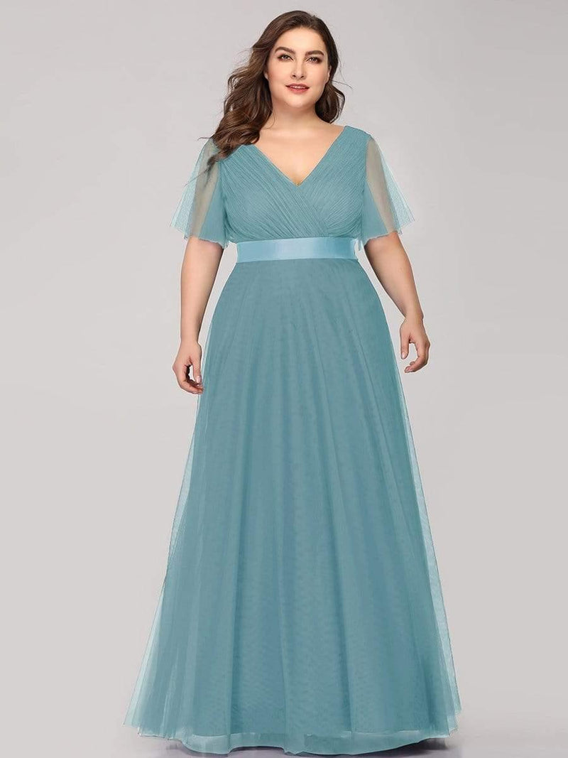 ever MISTE|Double V-Neck Floor-Length Short Sleeve Tulle Bridesmaid Dresses