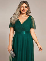 ever MISTE|Double V-Neck Floor-Length Short Sleeve Tulle Bridesmaid Dresses