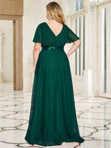 ever MISTE|Double V-Neck Floor-Length Short Sleeve Tulle Bridesmaid Dresses