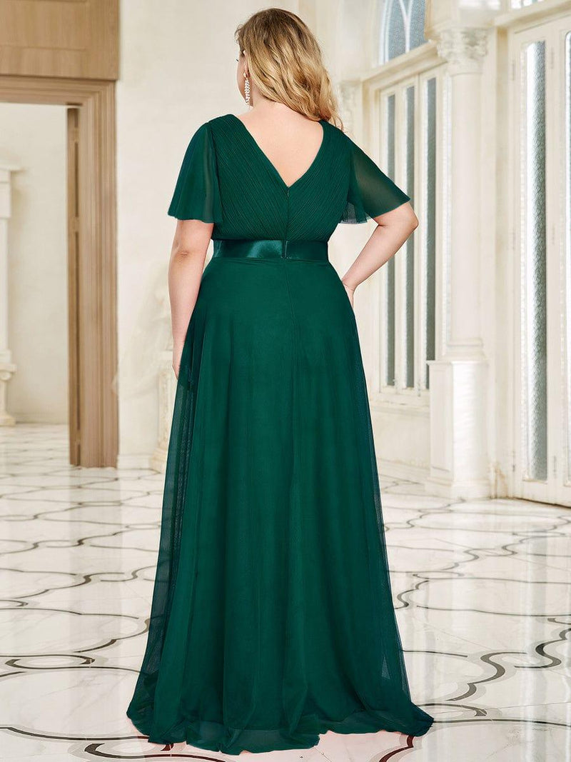 ever MISTE|Double V-Neck Floor-Length Short Sleeve Tulle Bridesmaid Dresses