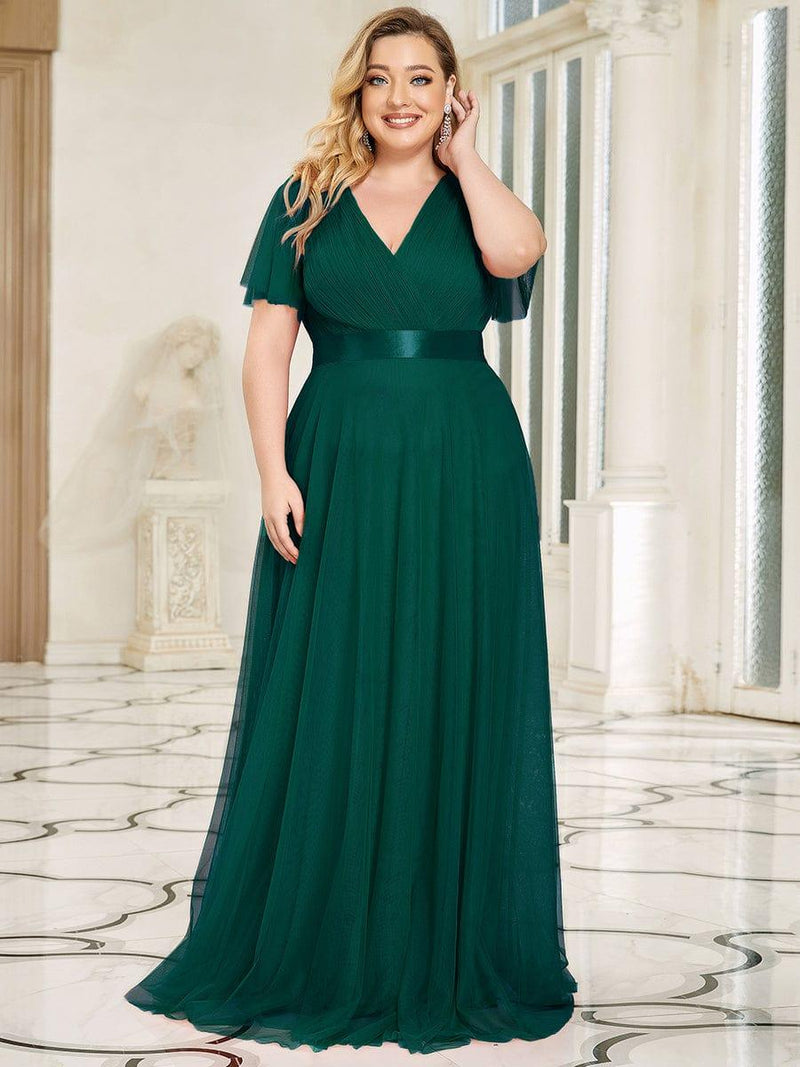 ever MISTE|Double V-Neck Floor-Length Short Sleeve Tulle Bridesmaid Dresses