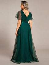 ever MISTE|Double V-Neck Floor-Length Short Sleeve Tulle Bridesmaid Dresses