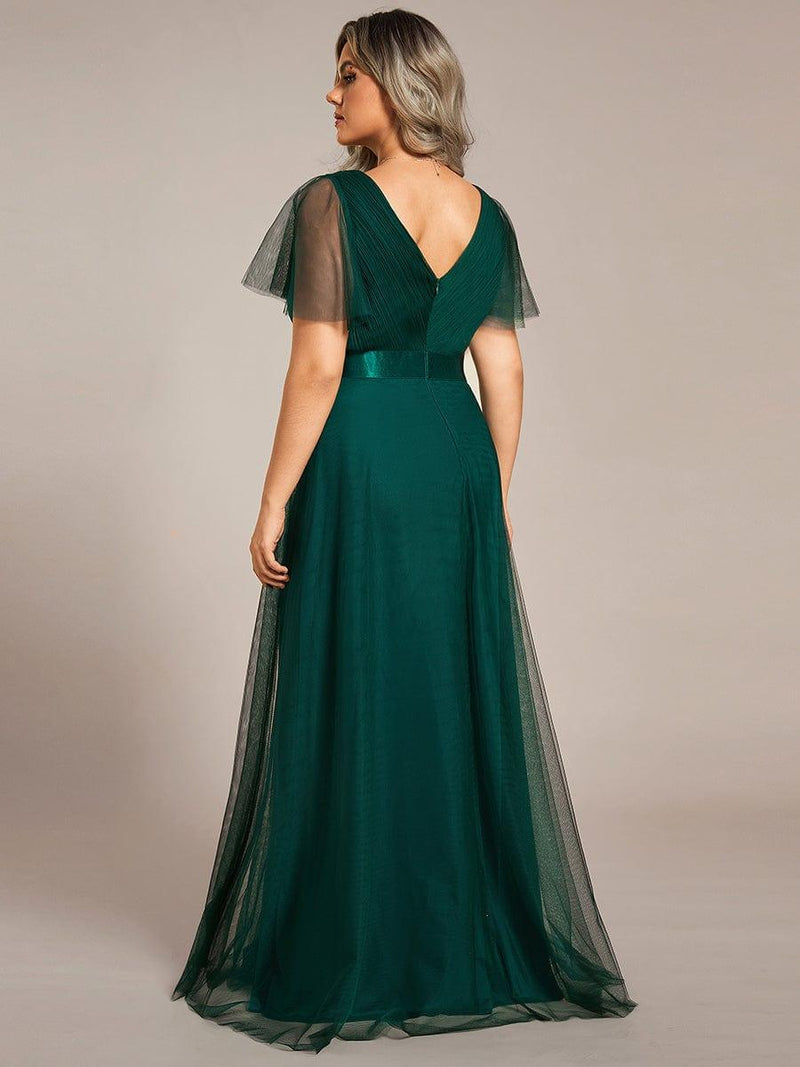 ever MISTE|Double V-Neck Floor-Length Short Sleeve Tulle Bridesmaid Dresses
