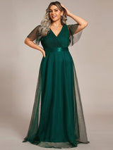 ever MISTE|Double V-Neck Floor-Length Short Sleeve Tulle Bridesmaid Dresses
