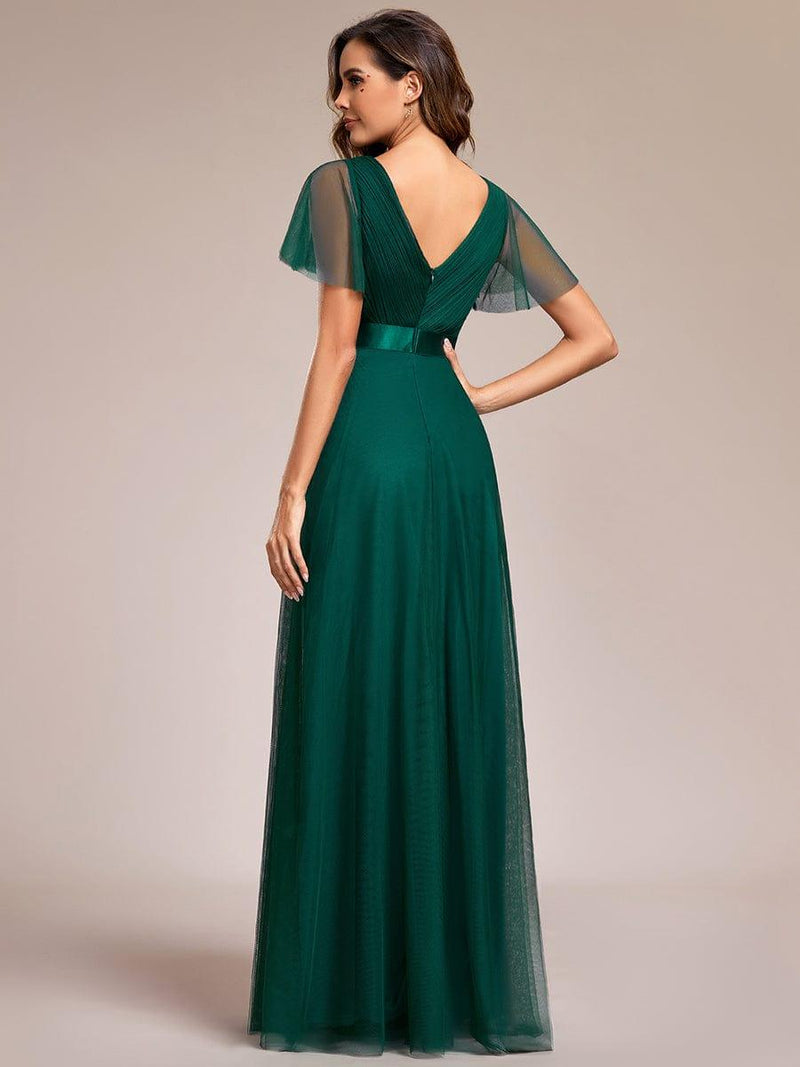 ever MISTE|Double V-Neck Floor-Length Short Sleeve Tulle Bridesmaid Dresses