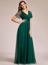 ever MISTE|Double V-Neck Floor-Length Short Sleeve Tulle Bridesmaid Dresses