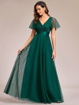 ever MISTE|Double V-Neck Floor-Length Short Sleeve Tulle Bridesmaid Dresses