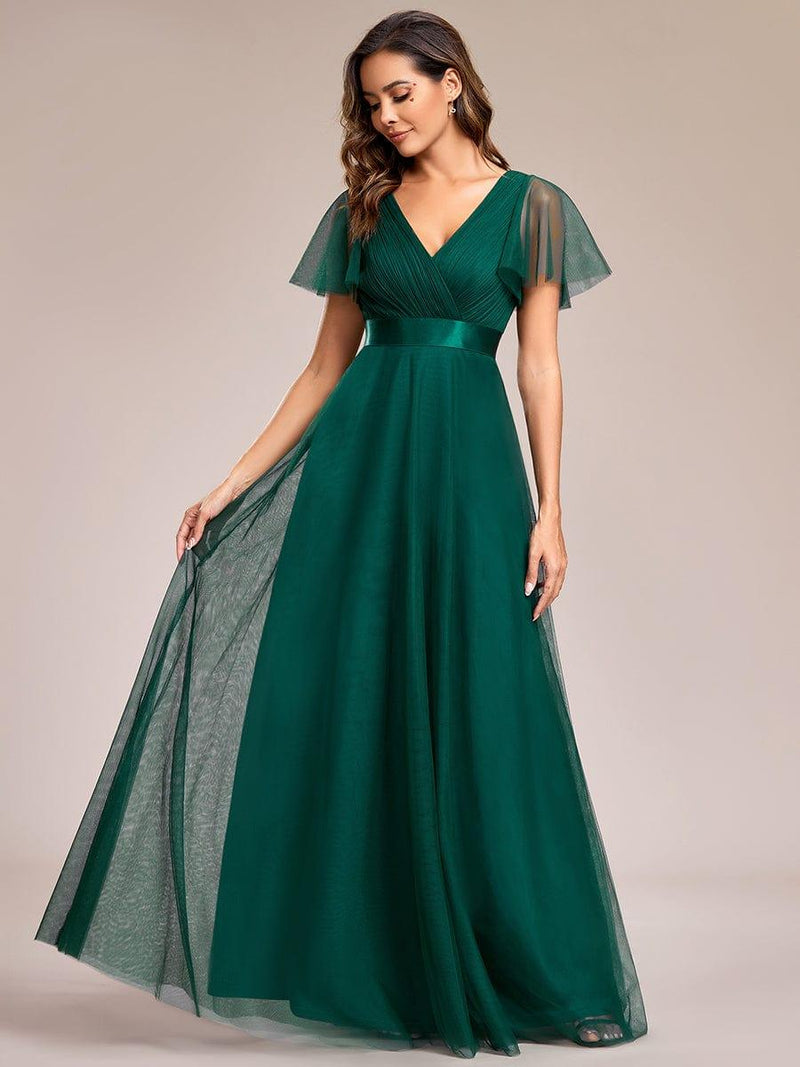 ever MISTE|Double V-Neck Floor-Length Short Sleeve Tulle Bridesmaid Dresses