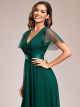 ever MISTE|Double V-Neck Floor-Length Short Sleeve Tulle Bridesmaid Dresses
