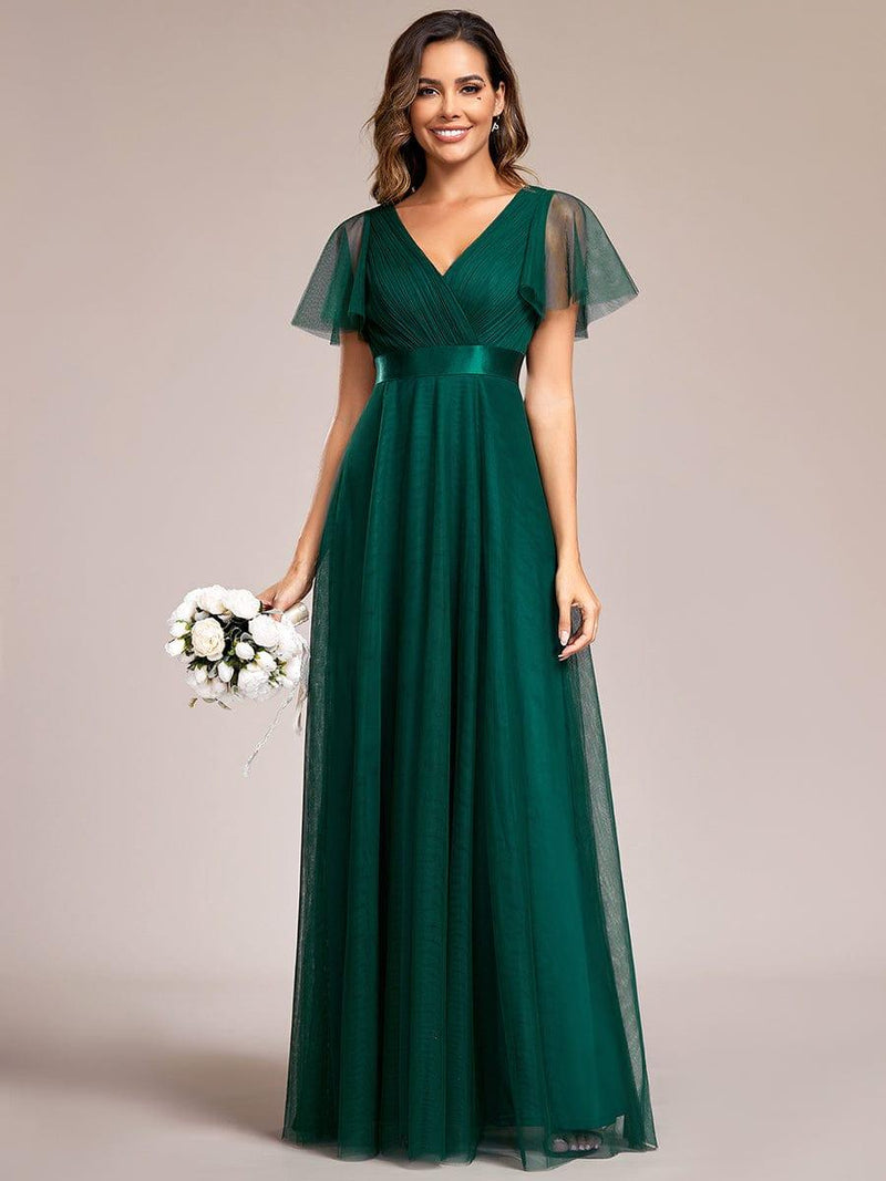 ever MISTE|Double V-Neck Floor-Length Short Sleeve Tulle Bridesmaid Dresses