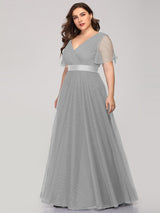 ever MISTE|Double V-Neck Floor-Length Short Sleeve Tulle Bridesmaid Dresses