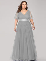 ever MISTE|Double V-Neck Floor-Length Short Sleeve Tulle Bridesmaid Dresses
