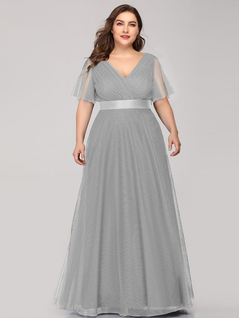 ever MISTE|Double V-Neck Floor-Length Short Sleeve Tulle Bridesmaid Dresses