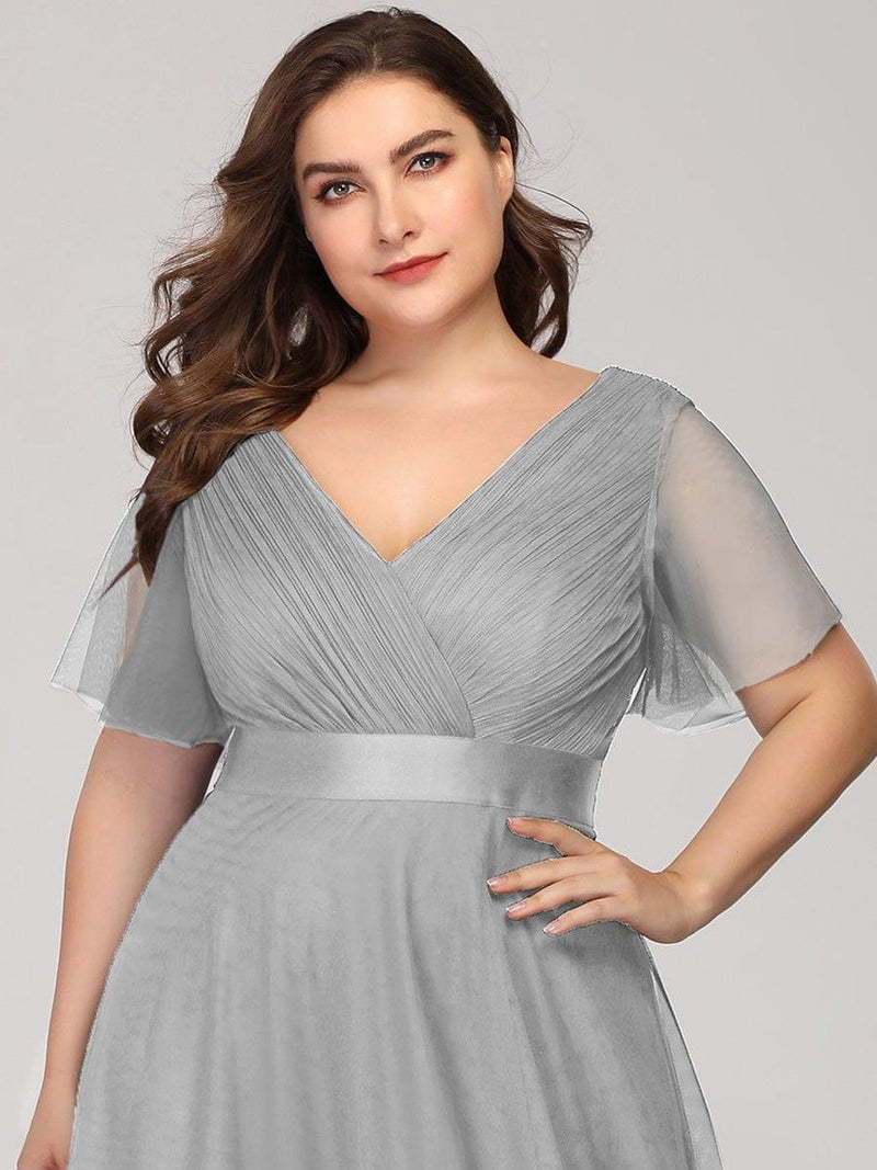 ever MISTE|Double V-Neck Floor-Length Short Sleeve Tulle Bridesmaid Dresses