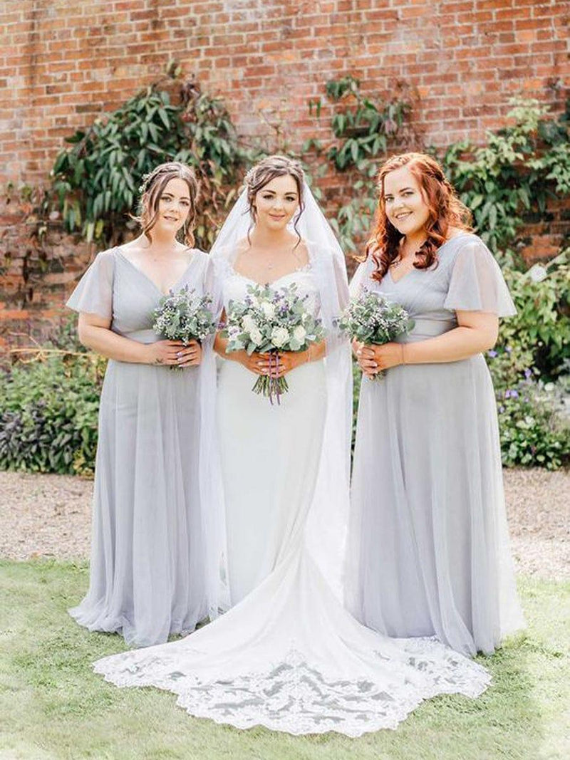 ever MISTE|Double V-Neck Floor-Length Short Sleeve Tulle Bridesmaid Dresses