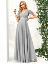 ever MISTE|Double V-Neck Floor-Length Short Sleeve Tulle Bridesmaid Dresses