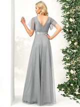 ever MISTE|Double V-Neck Floor-Length Short Sleeve Tulle Bridesmaid Dresses