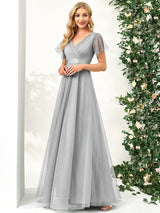 ever MISTE|Double V-Neck Floor-Length Short Sleeve Tulle Bridesmaid Dresses