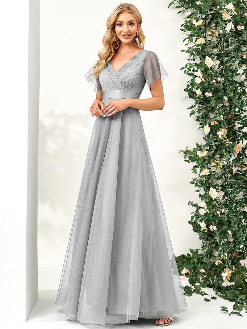 ever MISTE|Double V-Neck Floor-Length Short Sleeve Tulle Bridesmaid Dresses