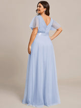 ever MISTE|Double V-Neck Floor-Length Short Sleeve Tulle Bridesmaid Dresses