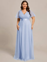 ever MISTE|Double V-Neck Floor-Length Short Sleeve Tulle Bridesmaid Dresses