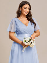 ever MISTE|Double V-Neck Floor-Length Short Sleeve Tulle Bridesmaid Dresses