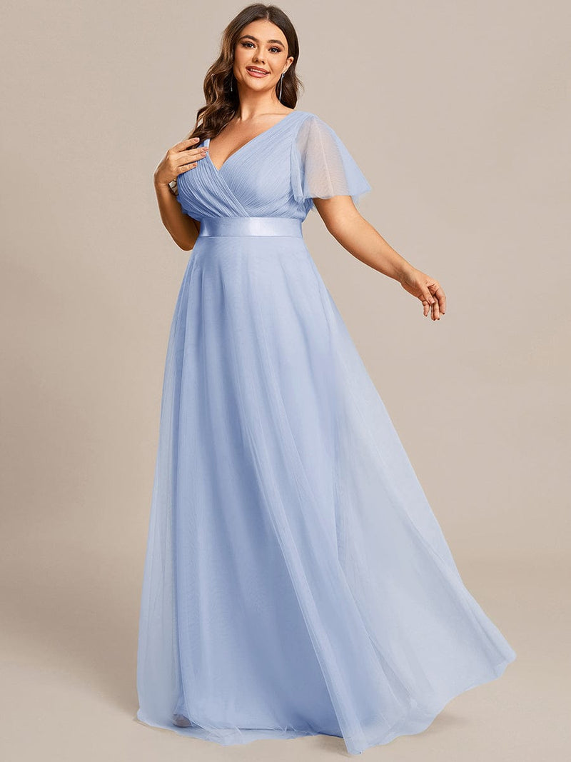 ever MISTE|Double V-Neck Floor-Length Short Sleeve Tulle Bridesmaid Dresses