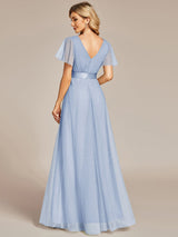 ever MISTE|Double V-Neck Floor-Length Short Sleeve Tulle Bridesmaid Dresses