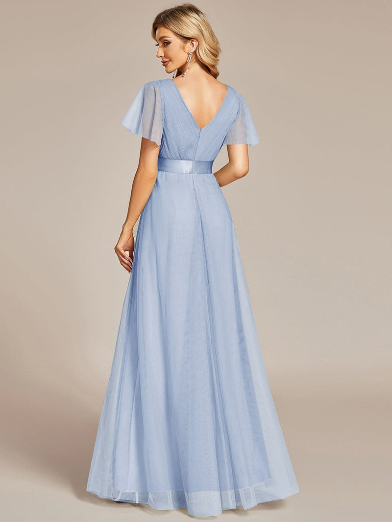 ever MISTE|Double V-Neck Floor-Length Short Sleeve Tulle Bridesmaid Dresses