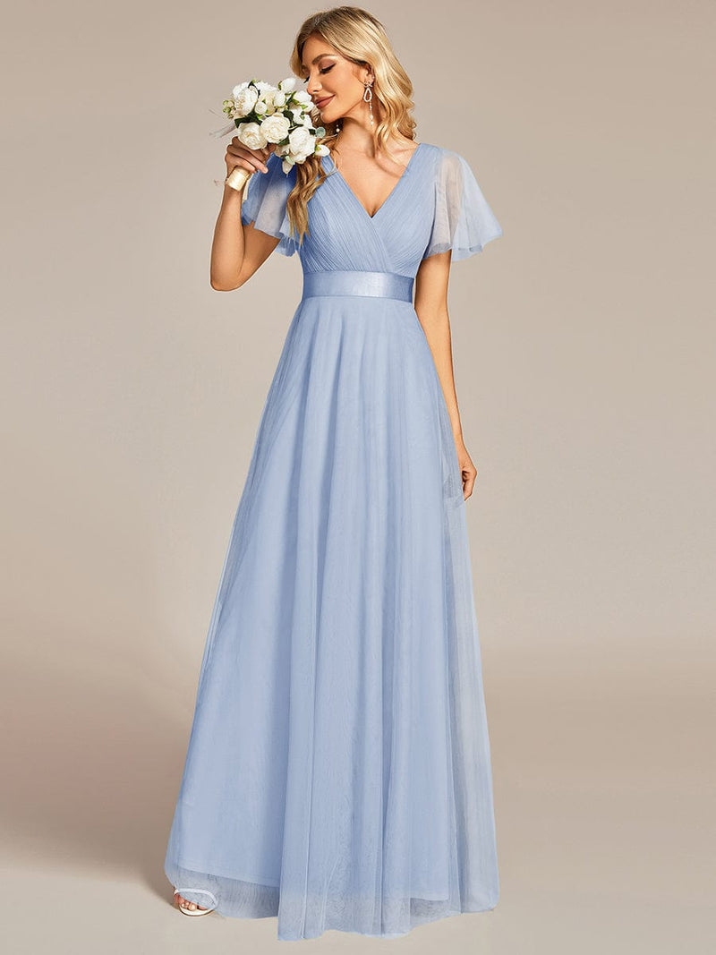 ever MISTE|Double V-Neck Floor-Length Short Sleeve Tulle Bridesmaid Dresses