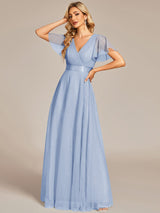 ever MISTE|Double V-Neck Floor-Length Short Sleeve Tulle Bridesmaid Dresses