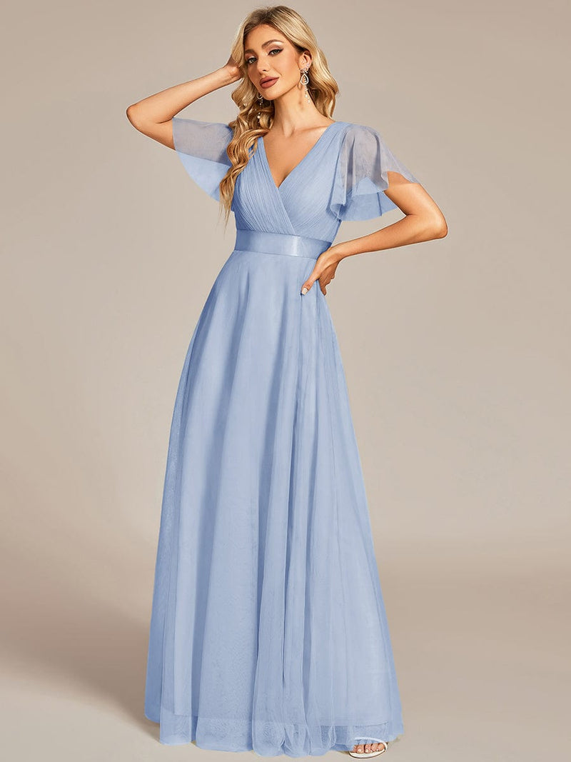 ever MISTE|Double V-Neck Floor-Length Short Sleeve Tulle Bridesmaid Dresses