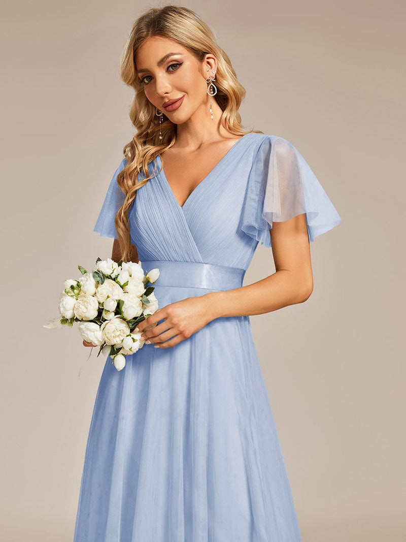ever MISTE|Double V-Neck Floor-Length Short Sleeve Tulle Bridesmaid Dresses