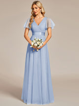 ever MISTE|Double V-Neck Floor-Length Short Sleeve Tulle Bridesmaid Dresses