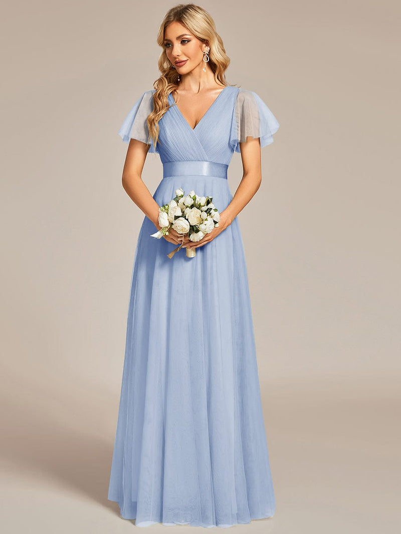 ever MISTE|Double V-Neck Floor-Length Short Sleeve Tulle Bridesmaid Dresses