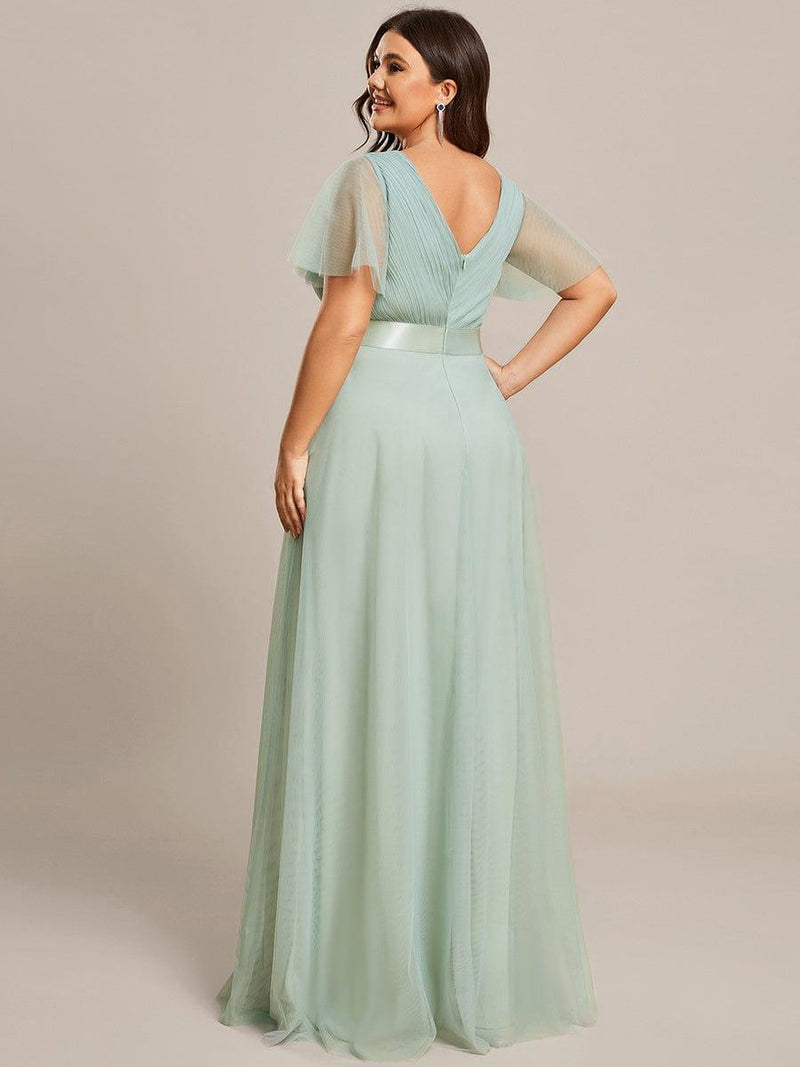 ever MISTE|Double V-Neck Floor-Length Short Sleeve Tulle Bridesmaid Dresses
