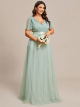 pretty MISTE|Women's Floor-Length Plus Size Formal Bridesmaid Dress with Short Sleeve