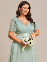 ever MISTE|Double V-Neck Floor-Length Short Sleeve Tulle Bridesmaid Dresses