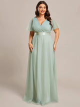 ever MISTE|Double V-Neck Floor-Length Short Sleeve Tulle Bridesmaid Dresses