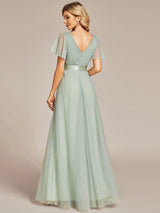 ever MISTE|Double V-Neck Floor-Length Short Sleeve Tulle Bridesmaid Dresses
