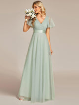 ever MISTE|Double V-Neck Floor-Length Short Sleeve Tulle Bridesmaid Dresses