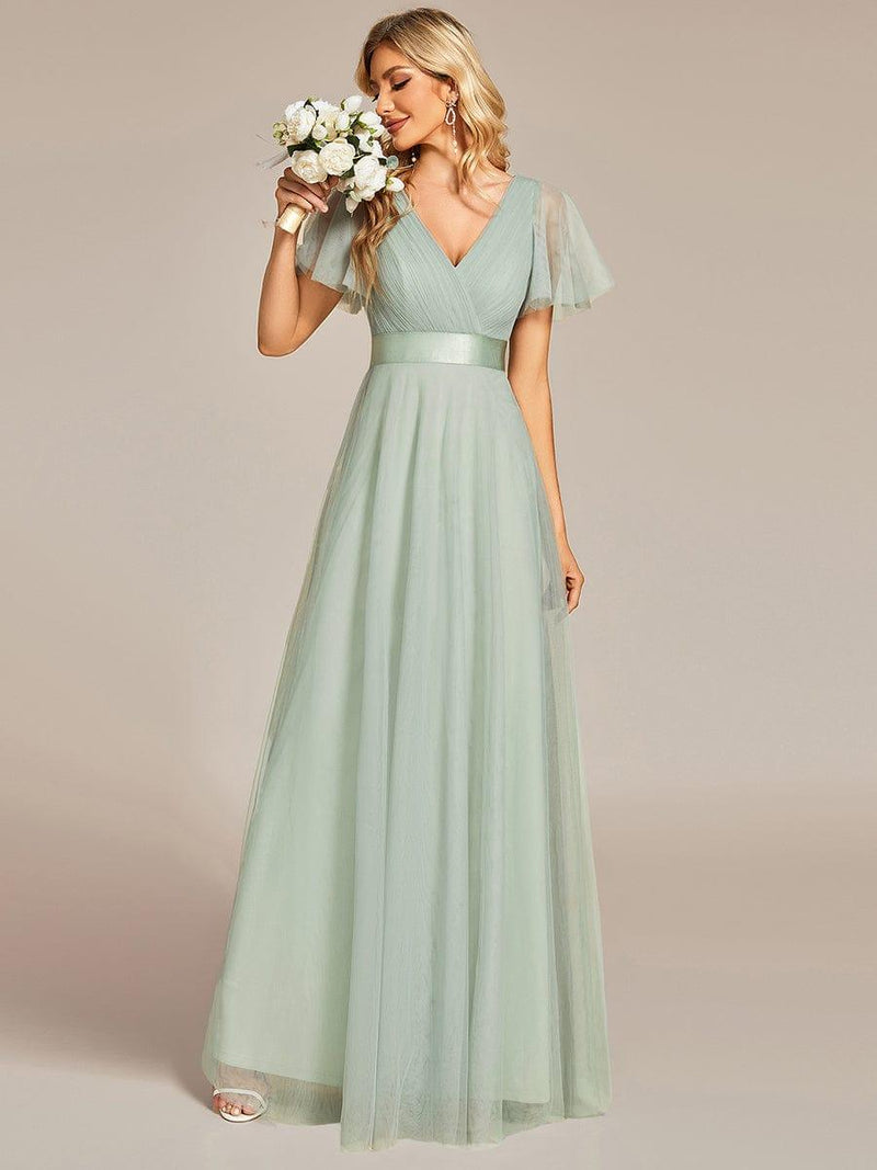 ever MISTE|Double V-Neck Floor-Length Short Sleeve Tulle Bridesmaid Dresses